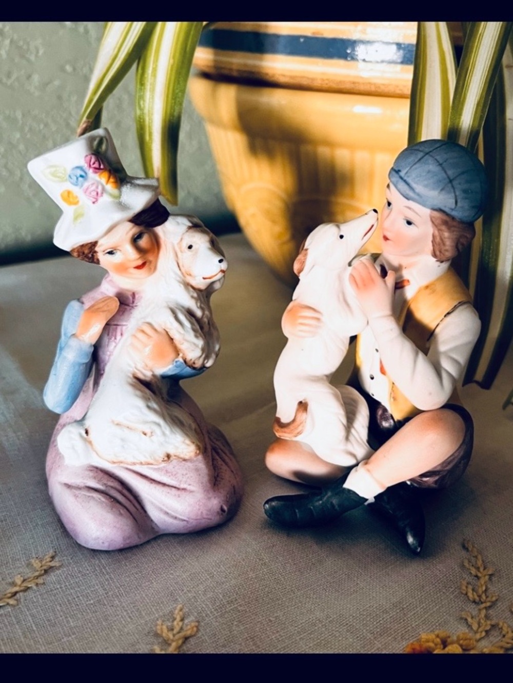 Vintage Boy Girl Figurines with Dogs Bisque Porcelain Cottagecore Set